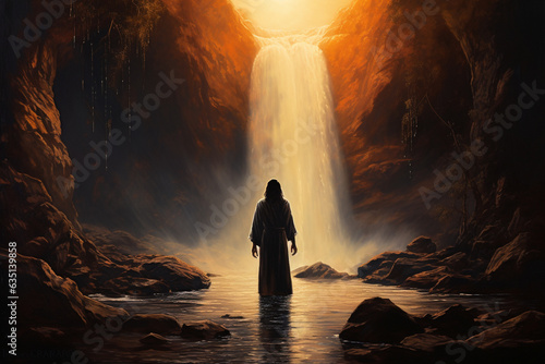 The silhouette of Jesus amidst a serene waterfall, capturing the idea of spiritual renewal and cleansing 