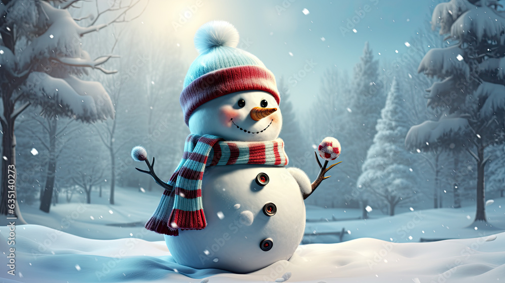 a cute little snowman with hat and scarf in cartoon look.
