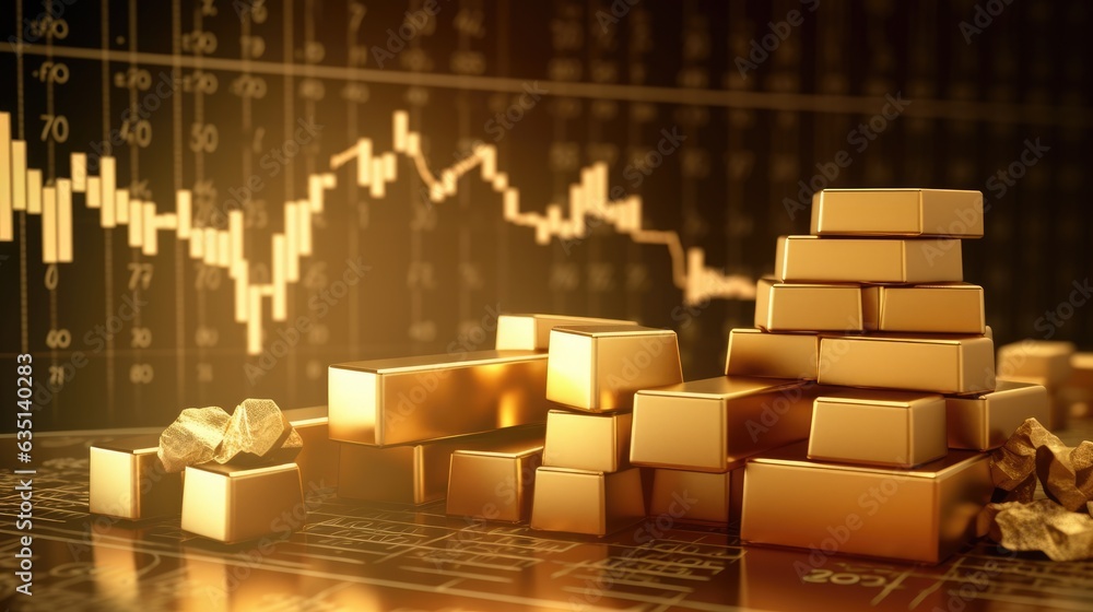 Gold bar resting investment on a stocks graph representing, Generative AI Gold bar resting investment on a stocks graph representing, Generative AI