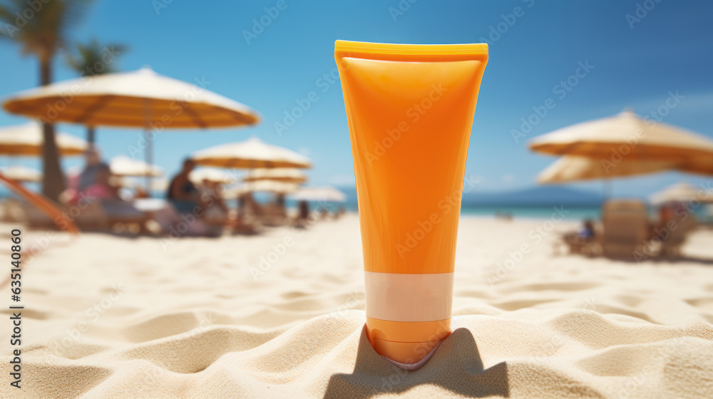 Sunblock product placed on a tropical beach. Generative AI