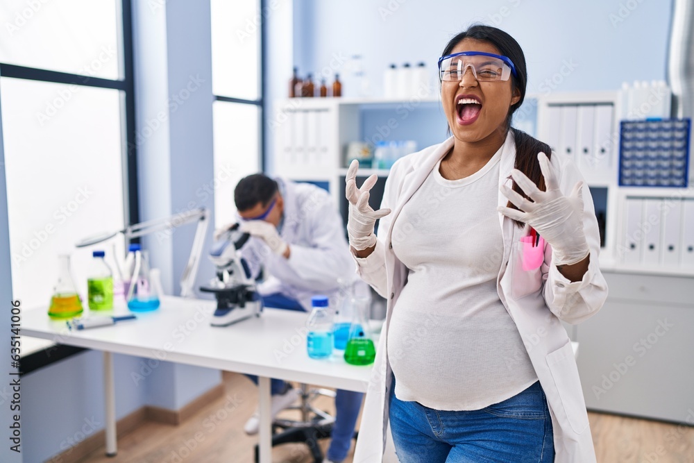 Young hispanic woman expecting a baby working at scientist laboratory crazy and mad shouting and yelling with aggressive expression and arms raised. frustration concept. Young hispanic woman expecting a baby working at scientist laboratory crazy and mad shouting and yelling with aggressive expression and arms raised. frustration concept.