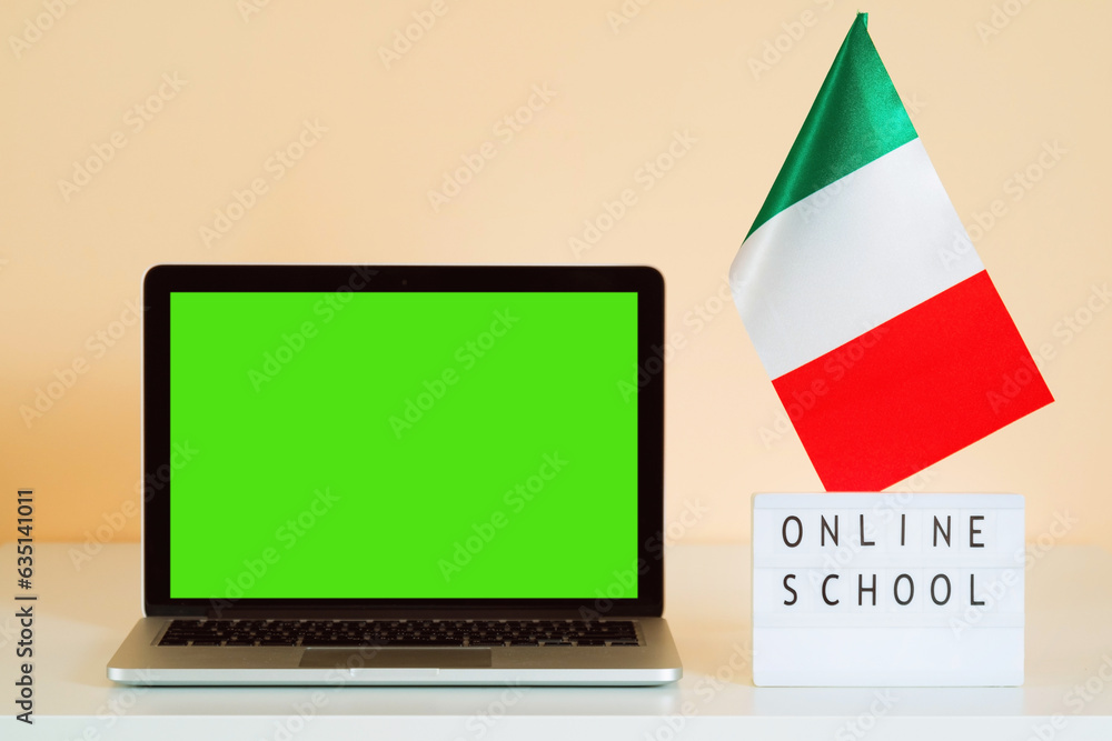 Italian Study Computer Screen Laptop with green screen and Italy flag and display with text ONLINE ...