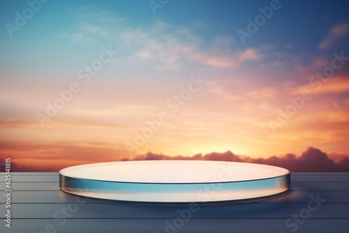 Round Glass Table Amidst the Beauty of a Sunset Sky, Generative Ai