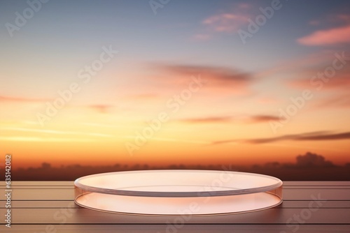 Round Glass Table Amidst the Beauty of a Sunset Sky, Generative Ai