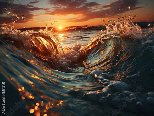 Sunset Serenity: Wave and Water Splashes against Setting Sun