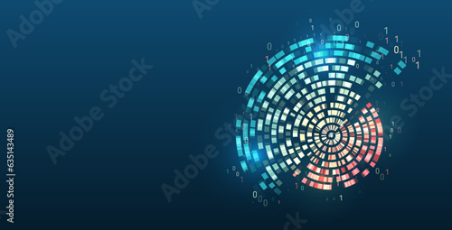 Vector technology background. Big data visualization. Abstract stream information with circles array and binary code. Information analytics concept. Filtering machine algorithms. Sorting data.