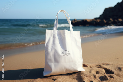 A white bag with handles stands on the beach on the sand