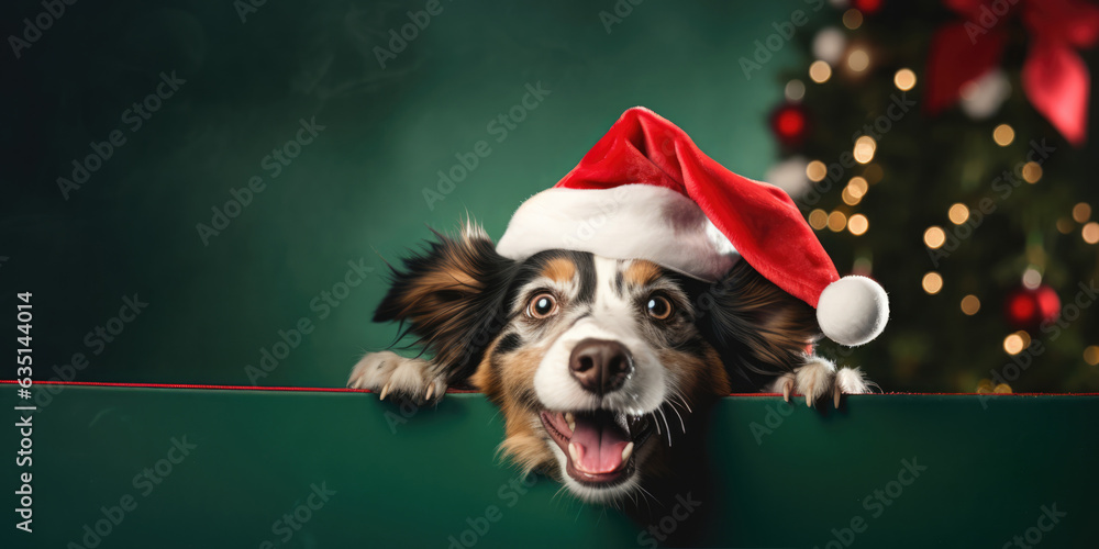 Christmas and new year concept, A dog wearing a red santa hat peeks out of a hole in the green wall, Playful pet dog in Christmas, Surprise dog, Copy space, generative ai - obrazy, fototapety, plakaty 