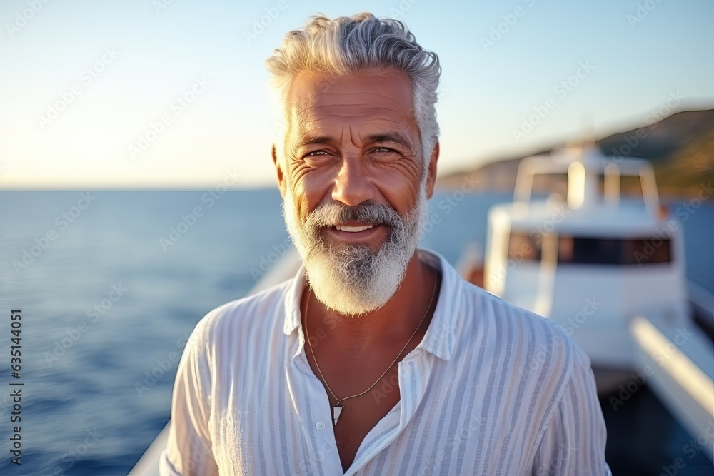 Yachting Getaway: Gray-Haired Man Enjoying Sea Vacation Yachting Getaway: Gray-Haired Man Enjoying Sea Vacation