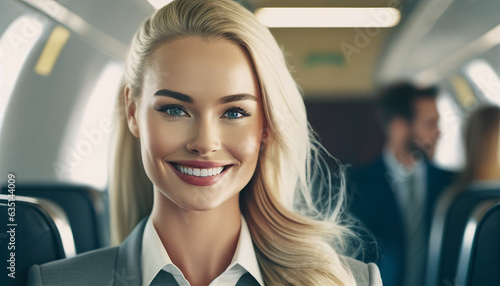 Flugbegleiterin Stewardess Frau mit langen blonden Haaren im Flugzeug lächelt Portrait Service in Business Klasse erste Klasse Reisen erholt ankommen im Büro geschäftlich, Generative AI 