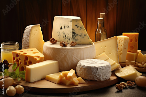 Photo of a set of different types of cheeses with grapes