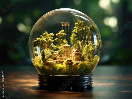 Lamp with a modern eco-city among trees and grass. AI generated
