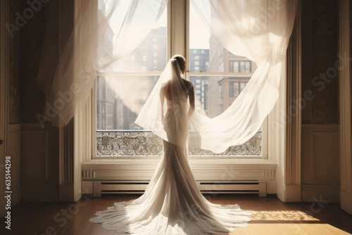 A bride in a wedding dress and with a veil is standing near a large window
