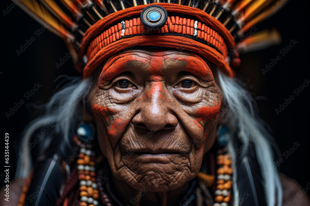 A close-up portrait of an indigenous elder adorned in intricate tribal clothing, symbolizing the wisdom and heritage of native cultures A close-up portrait of an indigenous elder adorned in intricate tribal clothing, symbolizing the wisdom and heritage of native cultures