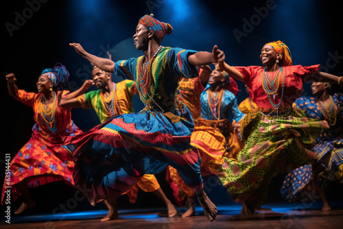 The spirited dance of a group of performers dressed in vibrant African attire, capturing the energy and rhythm of African culture 