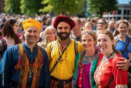 The celebratory atmosphere of a multicultural festival, with people dressed in diverse traditional clothing, celebrating global unity 