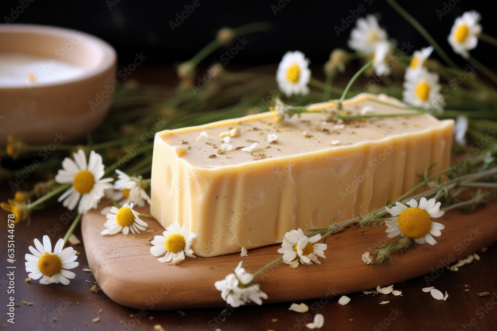 Handmade soap with chamomile flowers