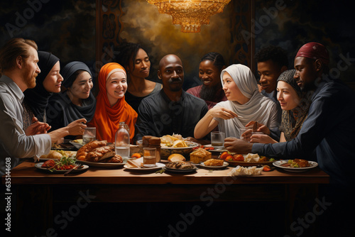 A dynamic scene of people from different nationalities gathered around a table  enjoying a meal together in a spirit of unity 