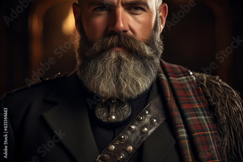 A close-up portrait of a man wearing a kilt, representing the rich heritage and traditions of Scottish culture  photo