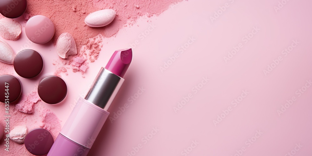 cosmetic products on pink background lipstick cream powder eyeshadow women fashion makeup products - obrazy, fototapety, plakaty 