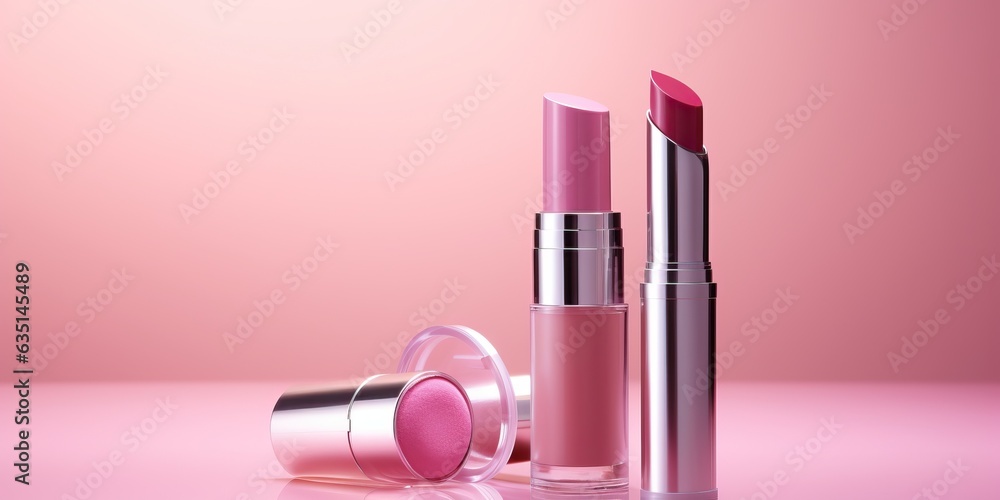 cosmetic products on pink background lipstick cream powder eyeshadow women fashion makeup products - obrazy, fototapety, plakaty 