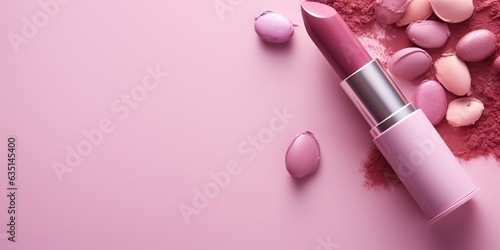cosmetic products on pink background lipstick cream powder eyeshadow women fashion makeup products photo