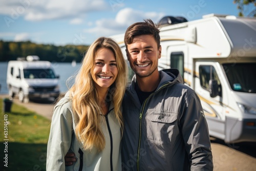 Happy smiling young man and girl standing in front of camper in forest. Beautiful couple hugging near campervan. Camping in nature.