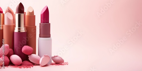 cosmetic products on pink background lipstick cream powder eyeshadow women fashion makeup products © ORG