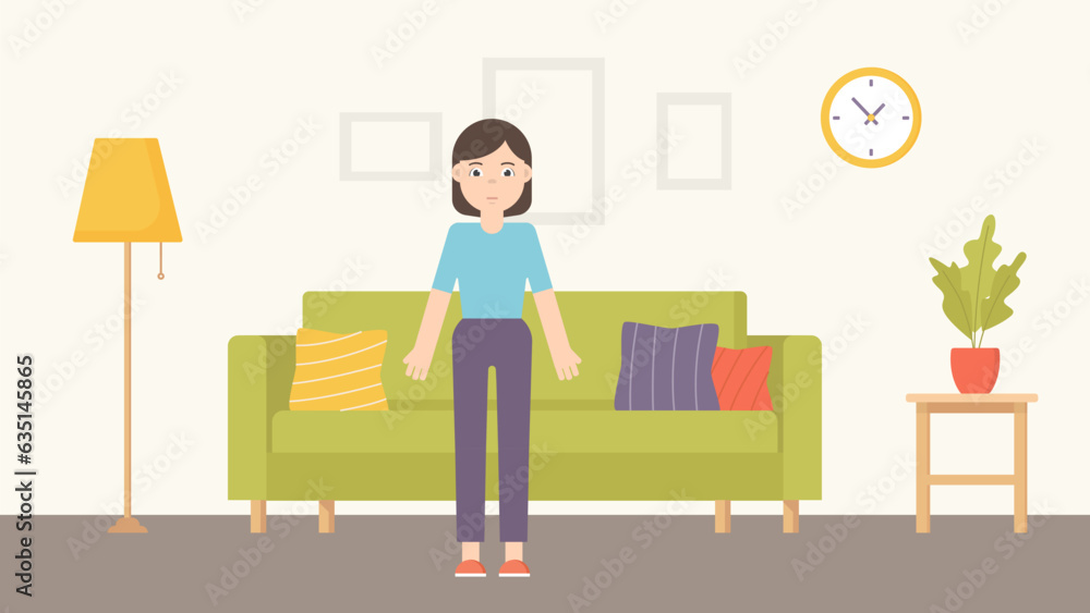 Female character standing in the living room. Interior with sofa modern flat vector. 