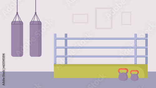 Martial arts hall, MMA gym vector background. Ring, punching bags, kettlebells. Modern flat illustration. 