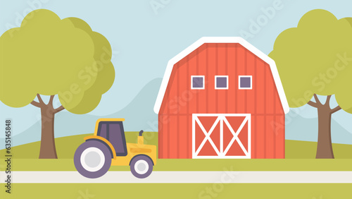 Farm flat vector background. Hangar and tractor illustration. Agriculture concept modern style.