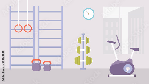 Gym background, fitness equipment modern. Exercise bike, dumbbells, weights. Sports vector concept. 