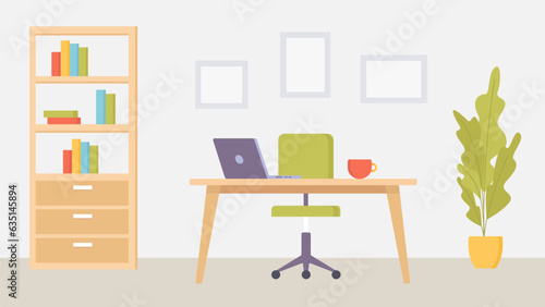 Workplace with a laptop, table and chair. Office room or cabinet at home. Modern background vector.