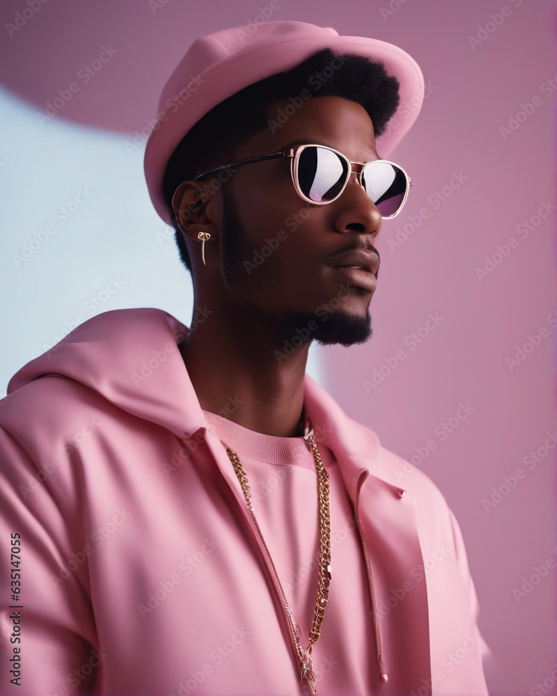 Portrait of an African American male model dressed in trendy clothes in pink colors. Stylish image of a modern man. The image of everyday urban clothing. Portrait of an African American male model dressed in trendy clothes in pink colors. Stylish image of a modern man. The image of everyday urban clothing.