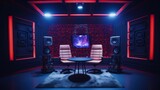 The modern podcast and streaming studio with led panels background for working and recording.