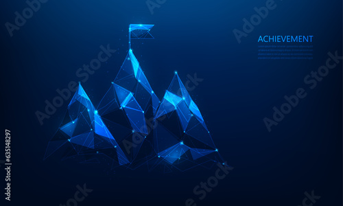 mountain mission goal and flag low poly wireframe on blue background. business strategy to success climbing route. vector illustration fantastic technology design.