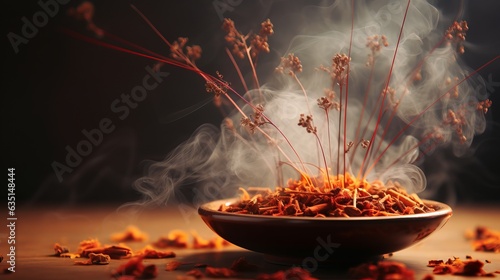  Incense sticks on a stand burn with smoke, an expensive aroma in the house, decoration and aromatization of the room with cinnamon and cloves. copyspace. Concept: meditation and relaxation
