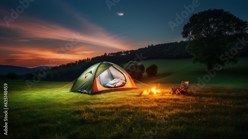 Camping tent with placed on green meads with lights AI generative.
