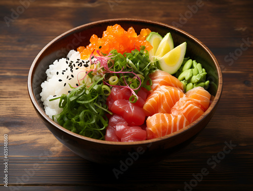 Poke bowl with salmon, tuna, edame beans, green onion, rice and sesame seeds. Raw fish sushi bowl rich with omega 3 and protein. Food banner for menu, ads, printed production. Healthy eating concept