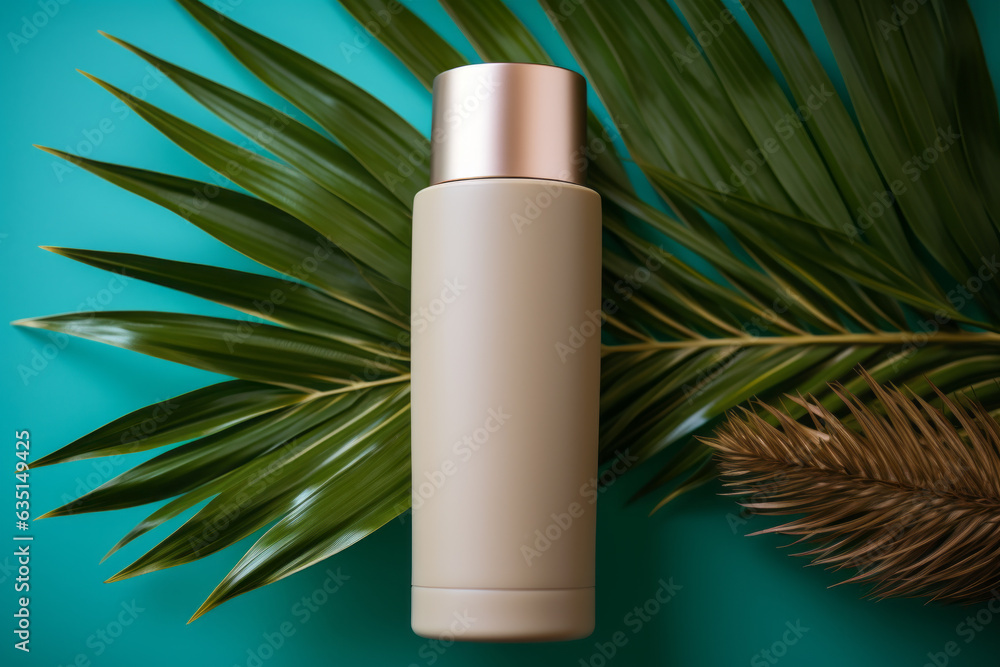 Blank beige plastic cosmetics container for cream or shampoo. Cosmetics bottle mockup with tropical leaves. Blank beige plastic cosmetics container for cream or shampoo. Cosmetics bottle mockup with tropical leaves.