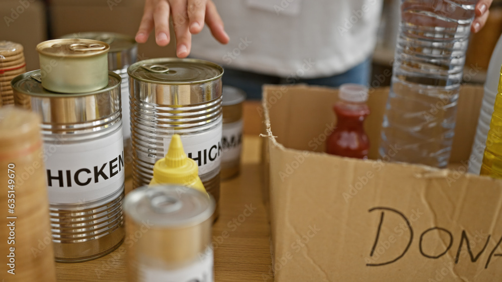 Young blonde woman volunteer putting products on donations cardboard box at charity center Young blonde woman volunteer putting products on donations cardboard box at charity center