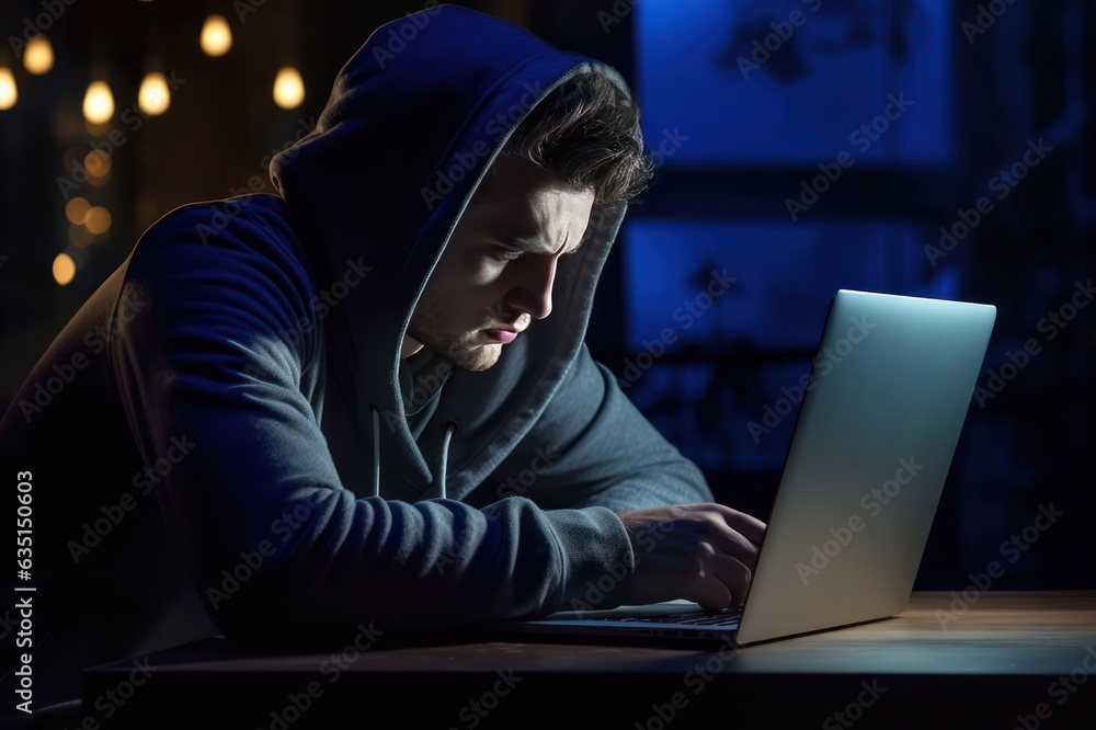 depressed guy with laptop working from home on blue Monday. Depressing day at work. Burn out and stress at workplace. Mental health awareness. depressed guy with laptop working from home on blue Monday. Depressing day at work. Burn out and stress at workplace. Mental health awareness.