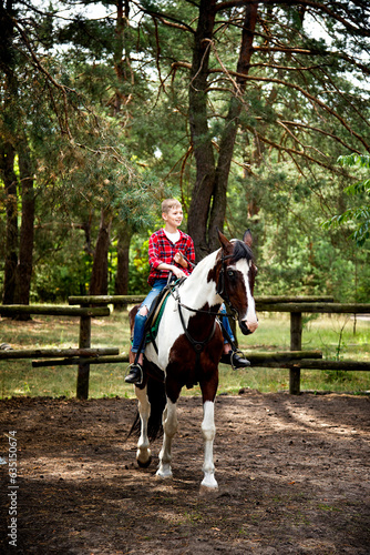 little handsome blonde smiling boy in red checkered shirt riding horse in green forest on sunny day 