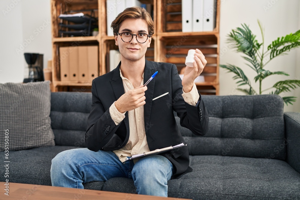 Young caucasian man psychologist prescribe pills treatment at psychology clinic Young caucasian man psychologist prescribe pills treatment at psychology clinic