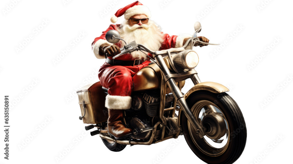 Santa Claus riding a motorcycle in a Christmas-themed, photorealistic