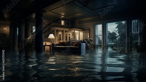 flooded house with rooms full of water. generative ai