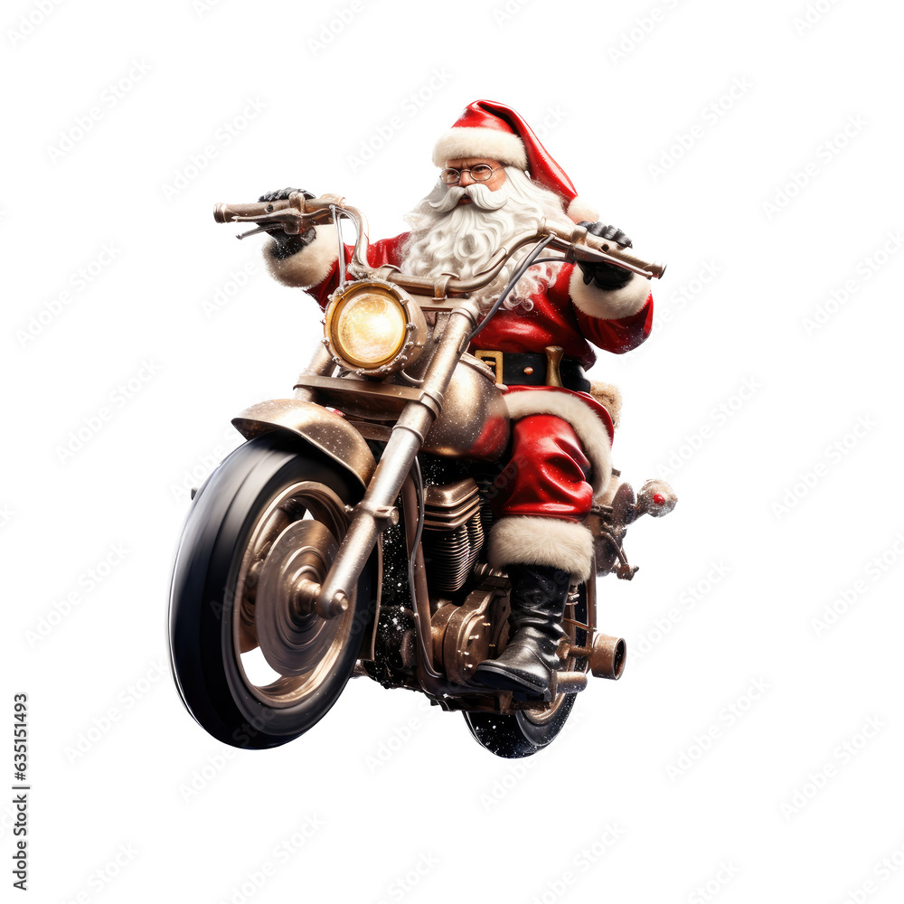 Fototapeta premium Santa Claus riding a motorcycle in a Christmas-themed, photorealistic illustration in a transparent PNG, cutout, and isolated. generative ai
