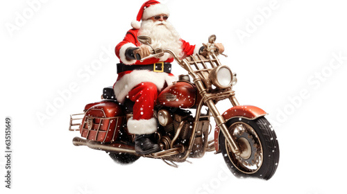 Santa Claus riding on a motorcycle 3/4 view in a Holiday-Themed, photorealistic illustration in a PNG, cutout, and isolated. generative AI