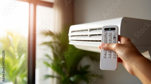 Man setups air conditioner with remote control at home photo