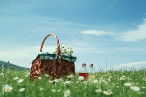 Weekend Family Picnic Basket in a Green Field, Generative Ai
